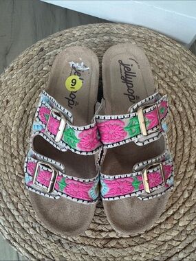 Jellypop Floral Embroidered Double-Buckle Slide Sandals in Pink and Green